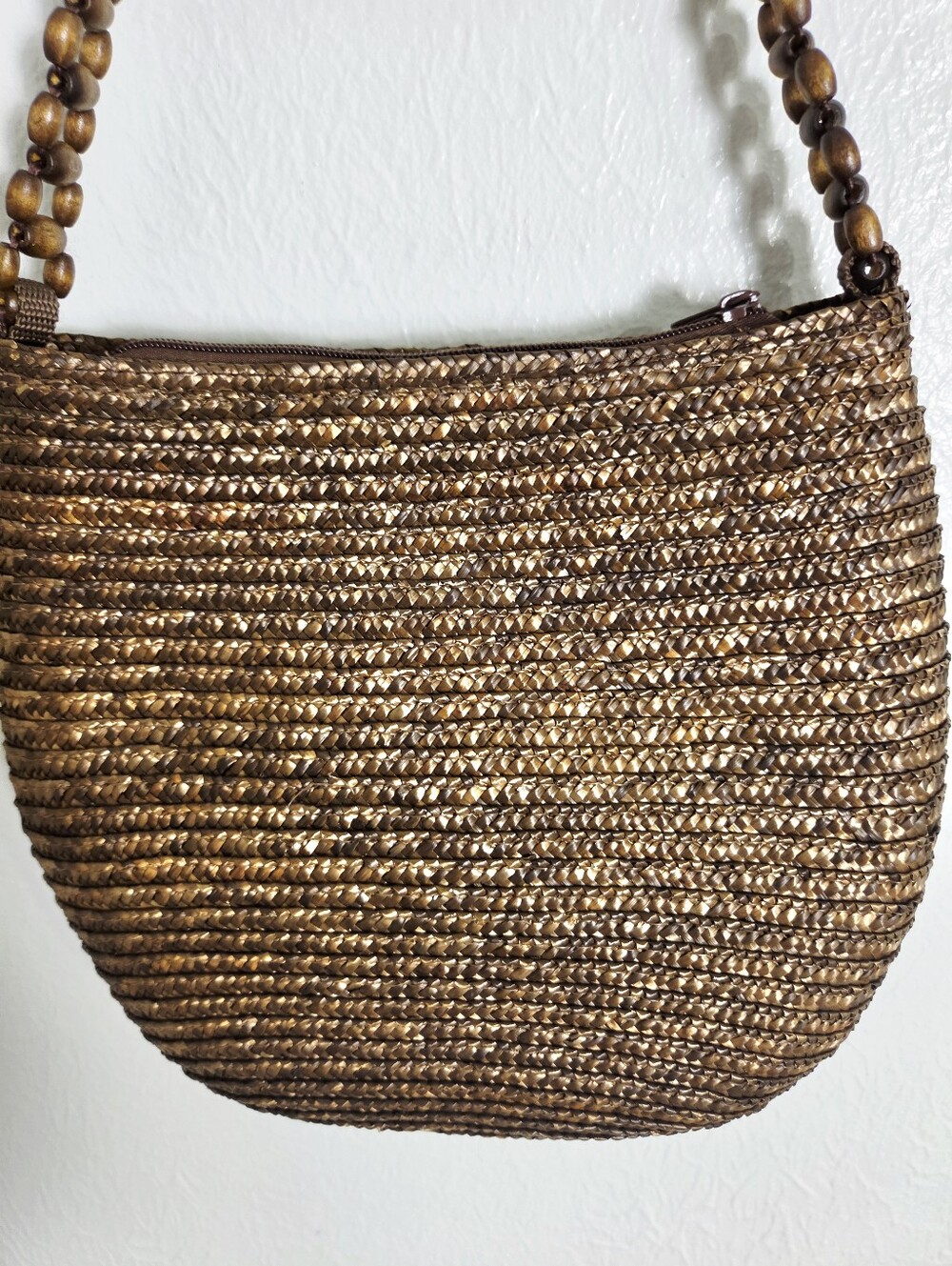Brown Straw Purse with Beaded Strap - Picture 3 of 8